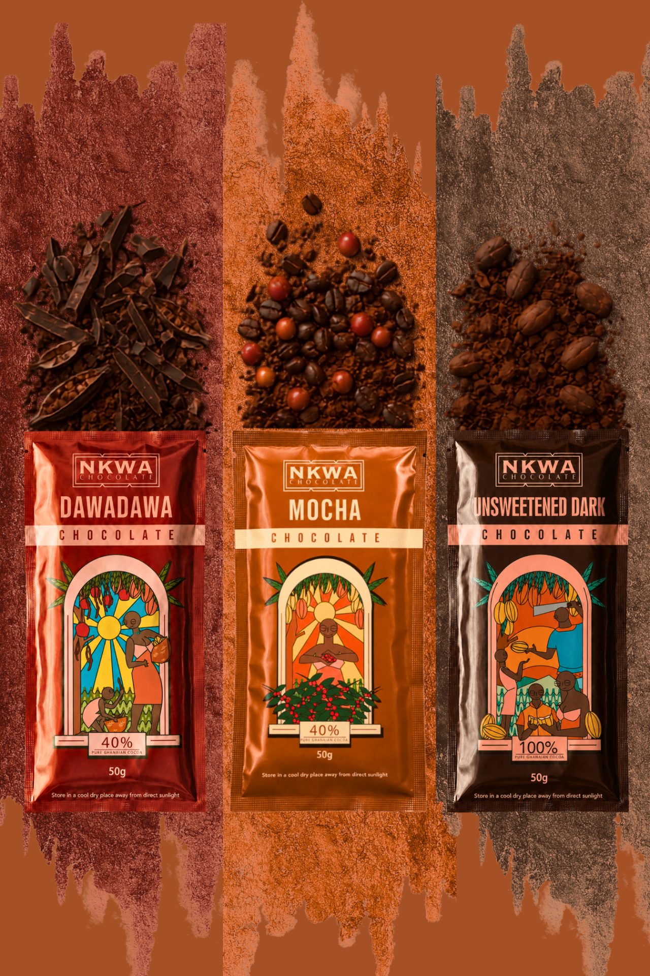 Nkwa Chocolate single-origin bars — Dawadawa, Mocha, and Unsweetened Dark